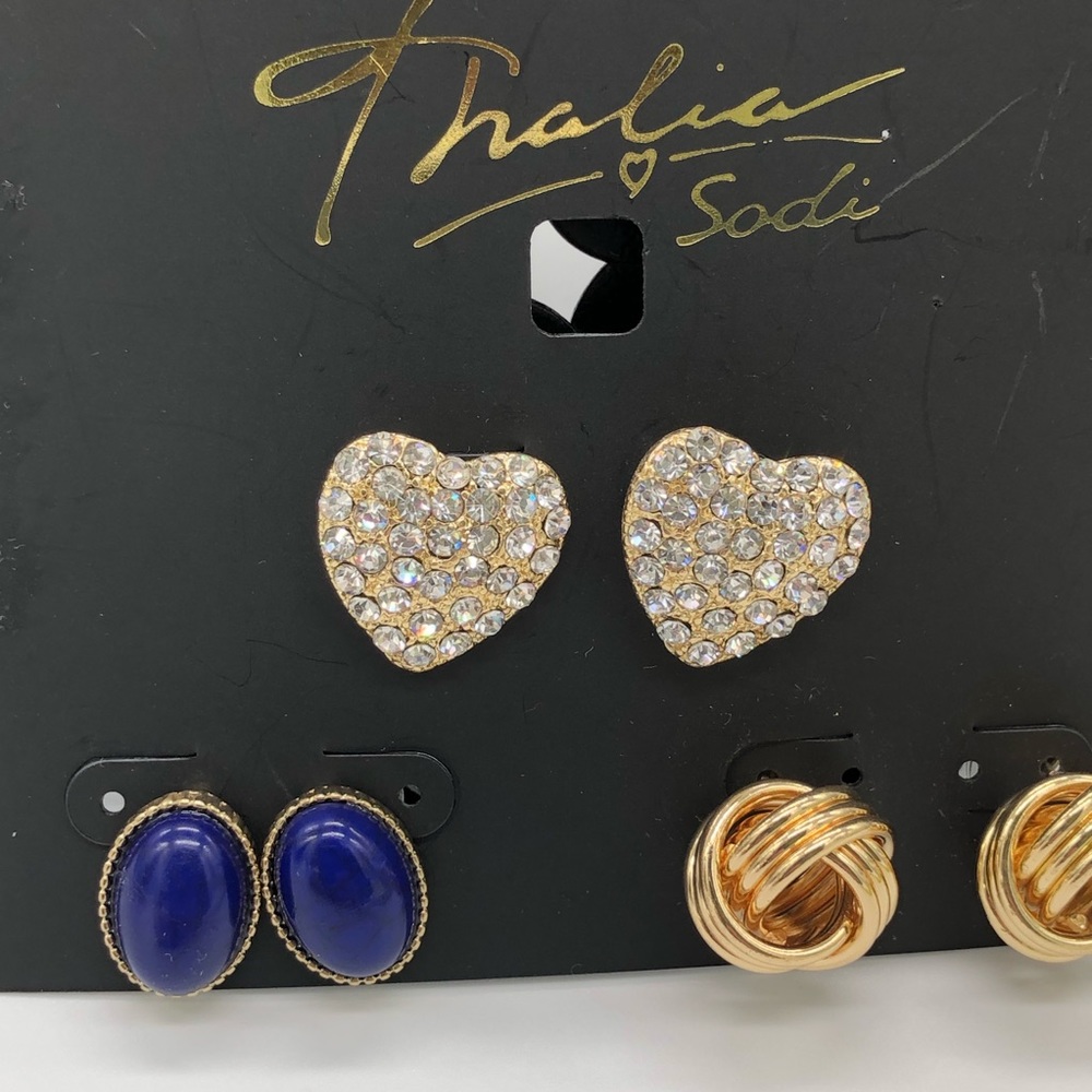 Thalia & Sodi Set of 3 Pair Earrings Heart‎ Pave Gold Knot Blue Cabochon
